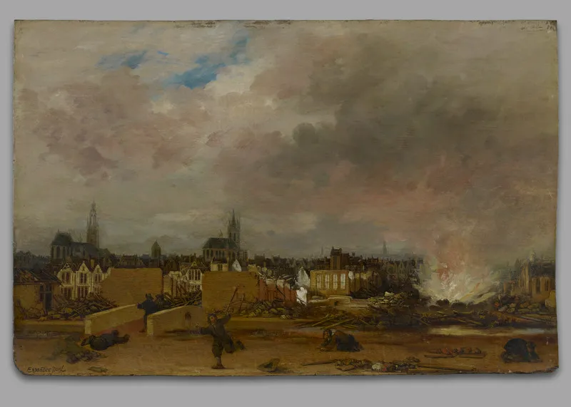 エフベルト・ファン・デル・プール《デルフト火薬庫の爆発、1654年10月12日》。爆発が起きたときの壊れた町並みと人々、奥に並ぶ新教会、市庁舎、旧教会の塔