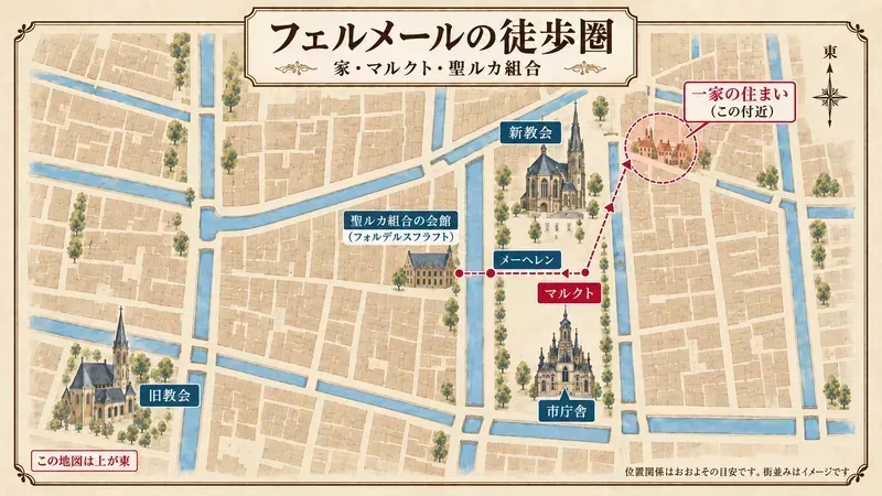 フェルメール一家の住まいがあったアウデ・ランゲンダイク付近から、マルクトを通ってメーヘレン、運河の向かいの聖ルカ組合の会館までを点線で結び、新教会・市庁舎・旧教会の位置も示した、デルフト中心部のイラスト地図
