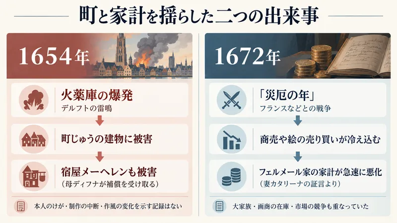 1654年のデルフト火薬庫の爆発と、1672年の「災厄の年」が、町とフェルメール家にそれぞれどのような影響を与えたかを比べた図