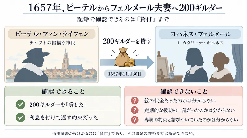 1657年11月30日、ピーテル・ファン・ライフェンがフェルメール夫妻に200ギルダーを貸したことと、そのお金が絵の代金や定期的な援助だったかは分からないことを整理した図