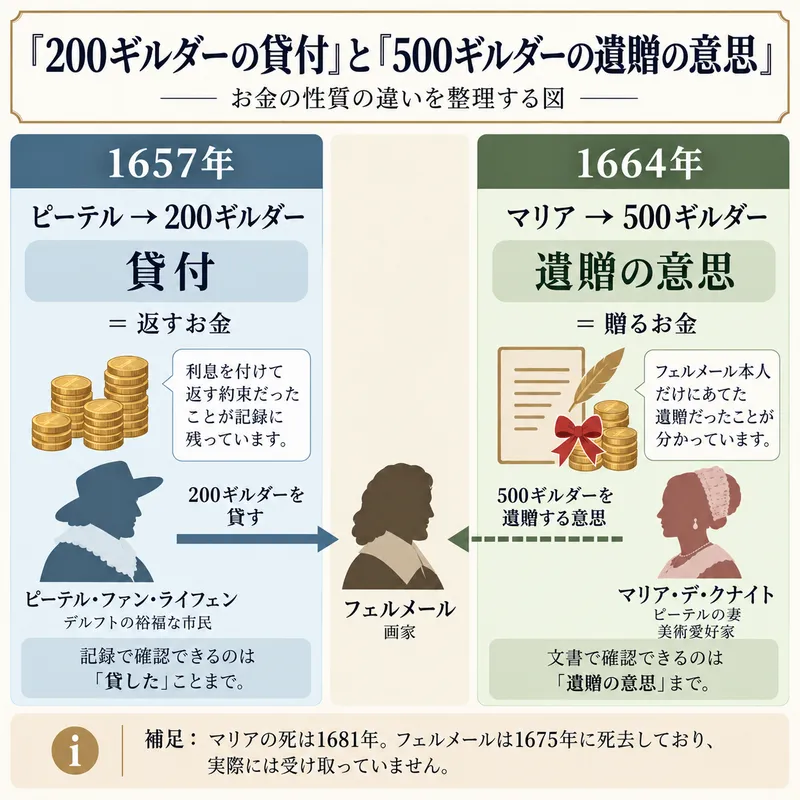 1657年にピーテル・ファン・ライフェンが貸した200ギルダーと、1664年にマリア・デ・クナイトが遺言で示した500ギルダーの遺贈の意思を、返すお金と贈るお金として比べた図