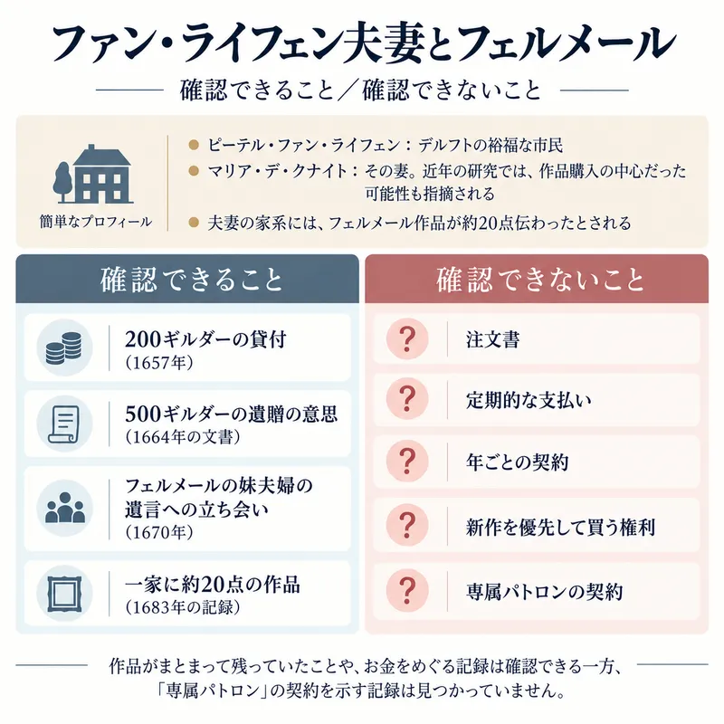 フェルメールとファン・ライフェン夫妻の関係について、貸付や遺贈の意思など記録で確認できることと、注文書や専属契約など確認できないことを左右に分けて整理した図