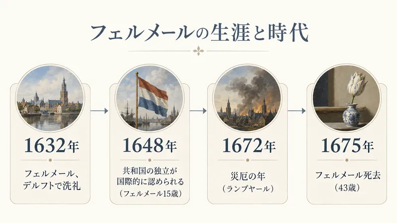 フェルメールの洗礼(1632年)、共和国の独立が認められた年(1648年、15歳)、災厄の年(1672年)、フェルメールの死(1675年、43歳)を並べた年表