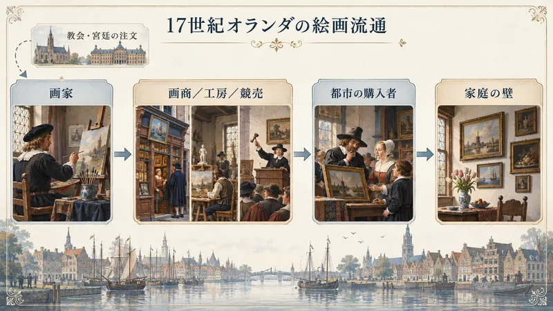 17世紀オランダで、絵が画家から画商や工房、競売を通じて町の買い手へ渡り、家の壁に掛けられるまでの流れを示した図。以前の主な注文主だった教会や宮廷も添えている