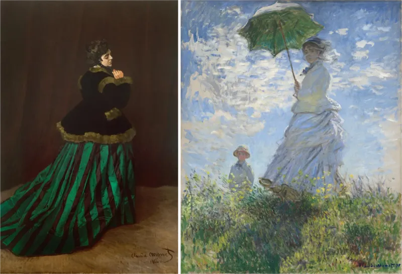 クロード・モネ《カミーユ(緑衣の女)》1866年、緑色のドレスをまとって振り返るカミーユとクロード・モネ《日傘をさす女―モネ夫人と息子》1875年、日傘をさすカミーユと息子ジャン