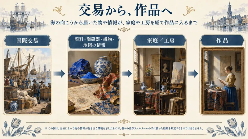 国際交易で運ばれた顔料や陶磁器、織物、地図の情報が、家庭や画家の工房を経て作品に入るまでの流れを示した図。個々の品の経路を断定するものではないことも添えている
