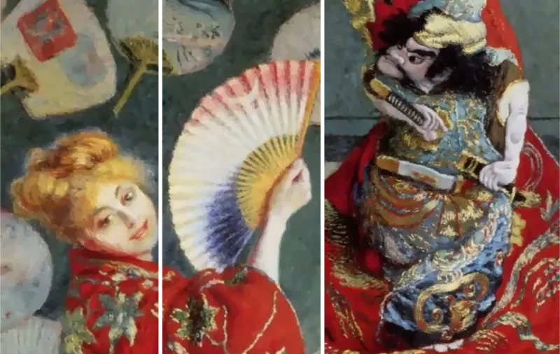 モネ《ラ・ジャポネーズ》部分拡大、着物の武者の刺繍と三色の扇子、カミーユの金髪のウィッグ