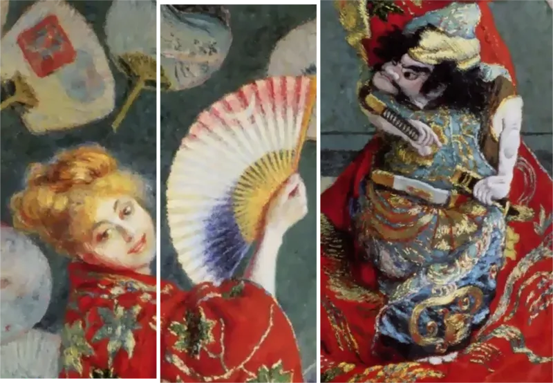 モネ《ラ・ジャポネーズ》部分拡大、着物の武者の刺繍と三色の扇子、カミーユの金髪のウィッグ