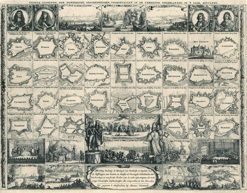 1672年の戦争でオランダ共和国が失った町や要塞と、その年の出来事を一枚にまとめた17世紀の版画
