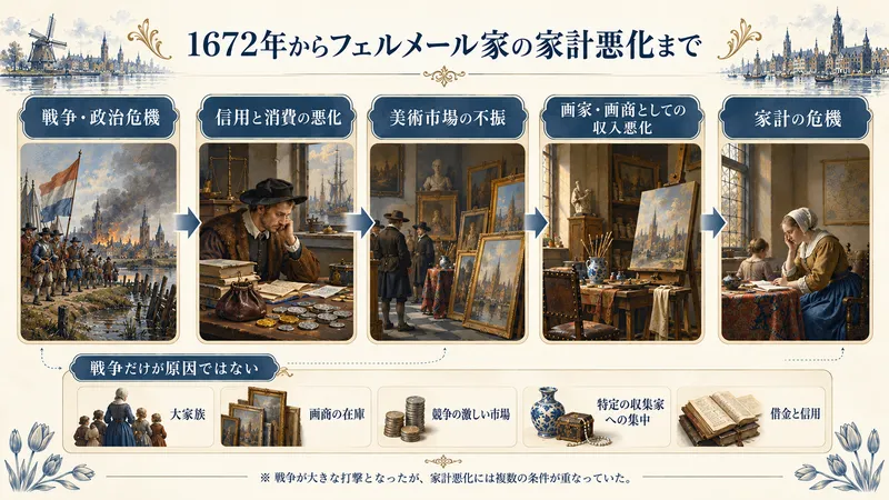 1672年の戦争から、絵の市場の落ち込みを経てフェルメール家の家計が苦しくなるまでの流れと、大家族や画商の在庫など重なっていたほかの要因を示した図